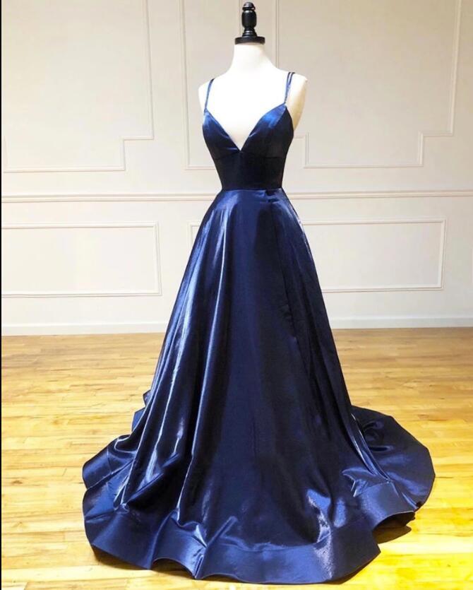 Blue Pretty A Line Spaghetti Straps Satin Long Prom Dress, Evening Dress