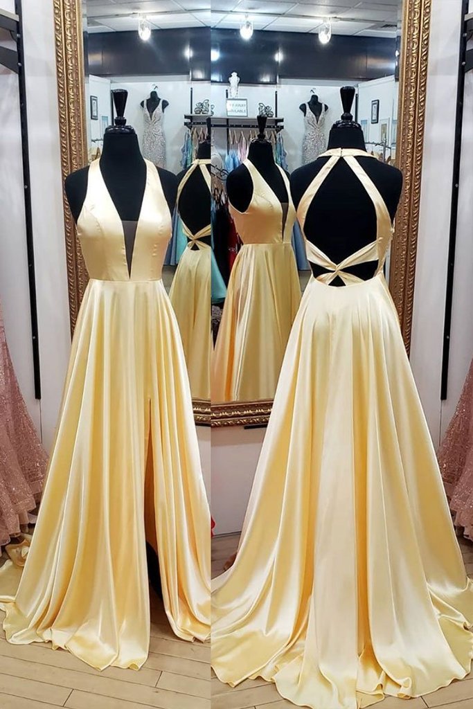 Simple Yellow Satin Long A Line Prom Dress Open Back Evening Dress