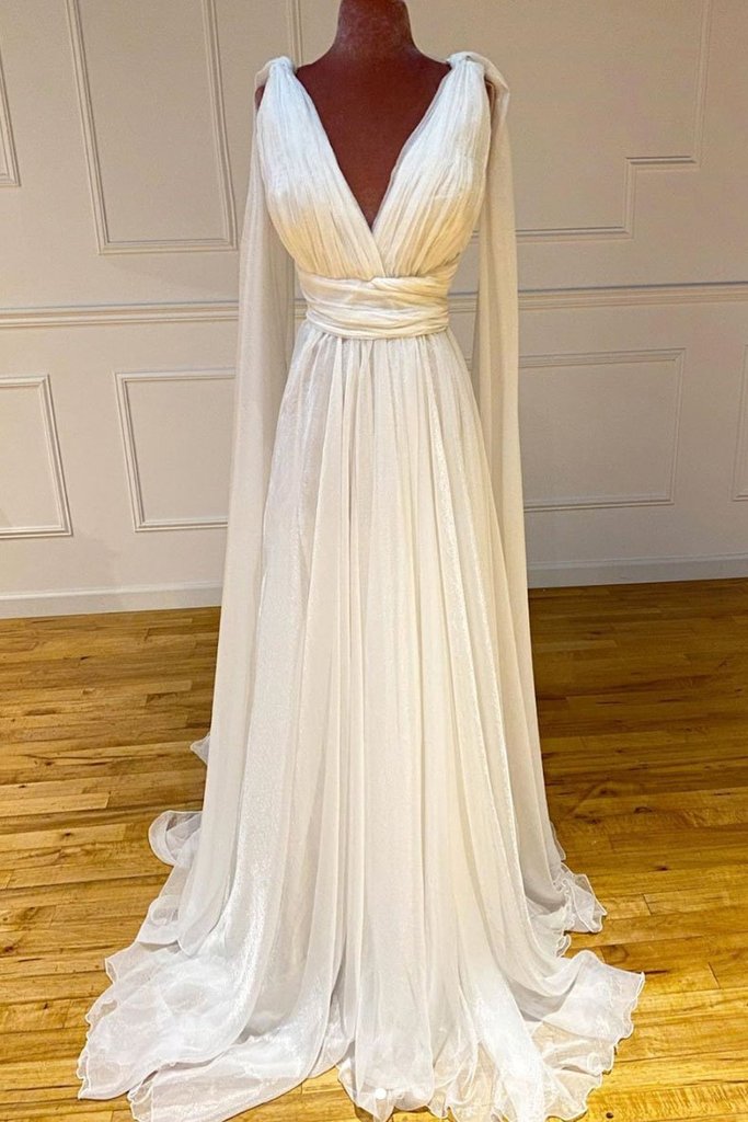 Simple White Chiffon V Neck Long Dress Custom Made Prom Dresses