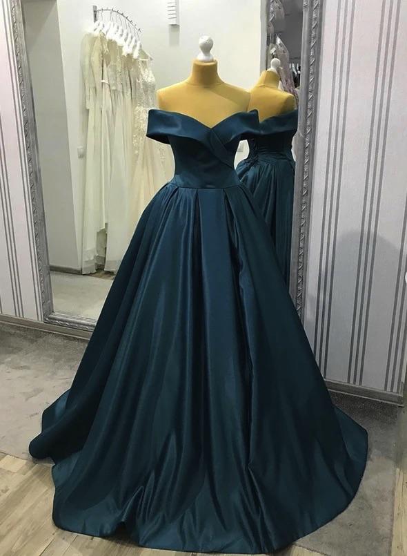 A Line Off the Shoulder Long Sleeves Dark Green Satin Appliques Prom Dress LBQ1927