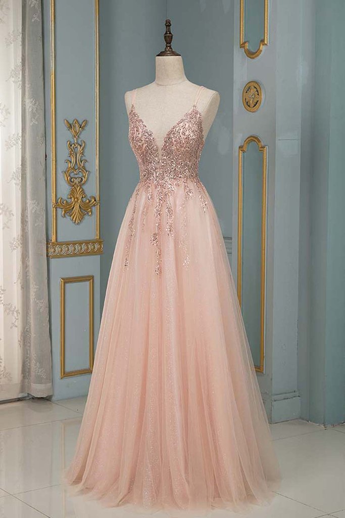 Pink Tulle Long A-Line Prom Dress, Pink Spaghetti Formal Dress with Beaded