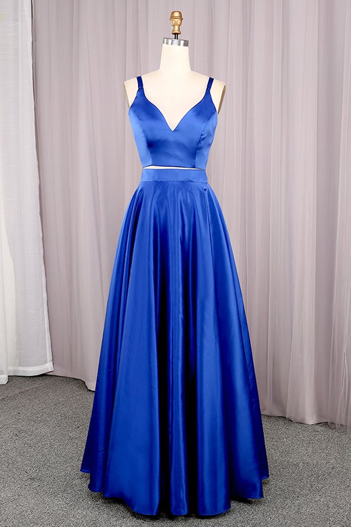 Royal Blue Satin Two Pieces Long Prom Dress Homecoming Dress