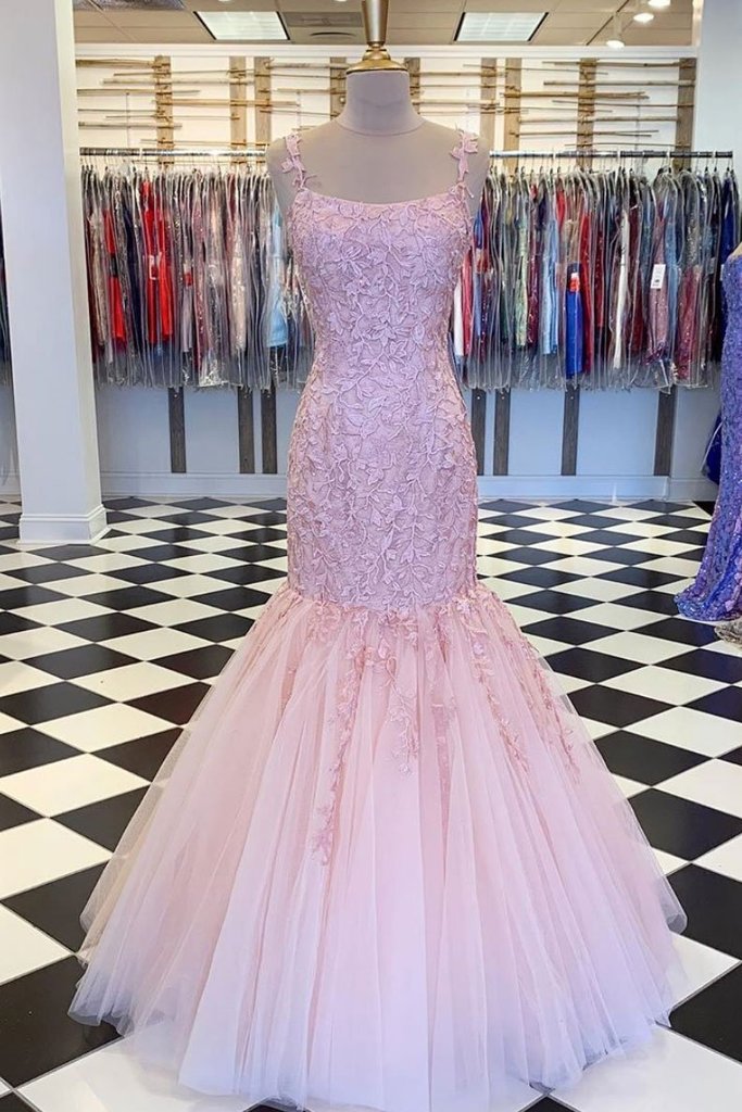 Pink Tulle Lace Long Mermaid Dress Customize Prom Dress Formal Dress