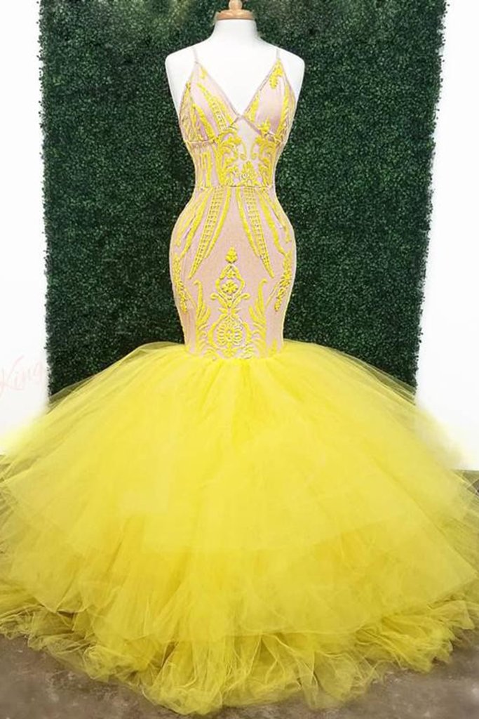 Yellow Sexy Prom Dresses with Deep V Neck Lace Appliques Mermaid Evening Gowns Plus Size Sweep Train Tulle Formal Party Dress