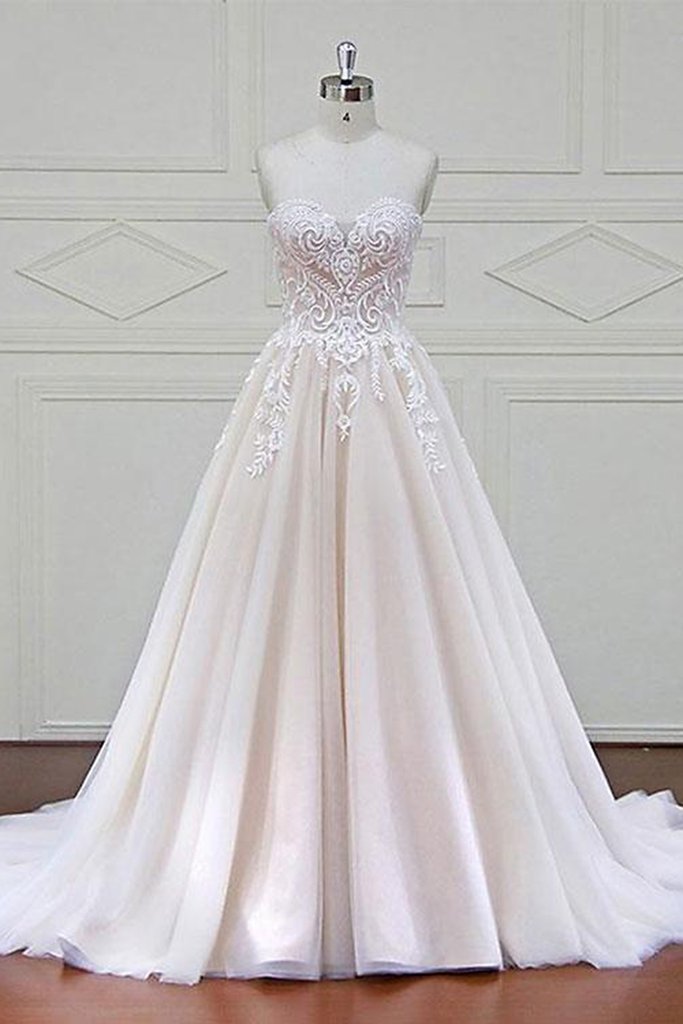 Ivory Tulle Sweetheart A Line Long Formal Prom Dress Wedding Dress