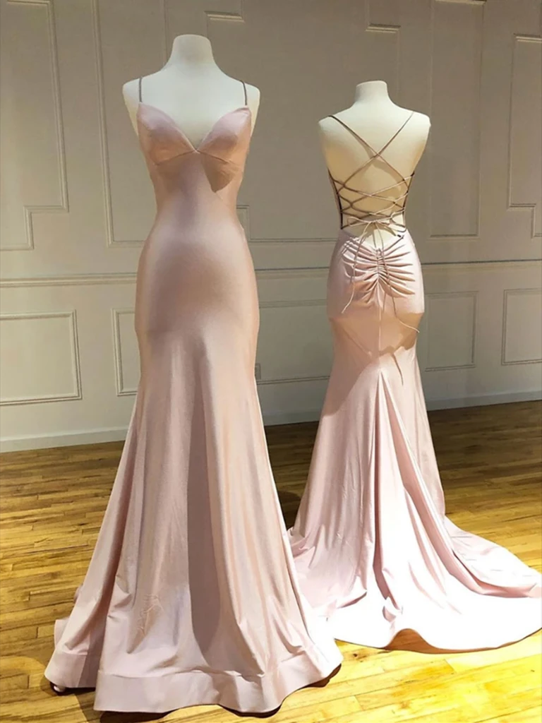 Sexy Backless Mermaid Dress Spaghetti Straps Light Pink Long Prom Dress