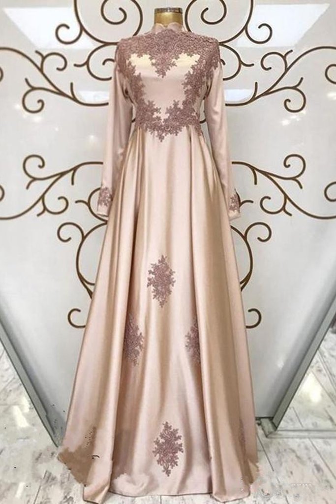 Champagne Satin High Neck Arabic Long Formal Prom Dress With Long Sleeve