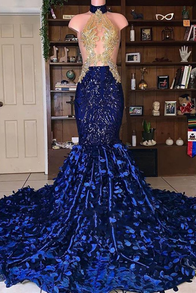 Royal Blue Mermaid Prom Dress African Sexy Beaded See Through Top Petals Evening Gowns