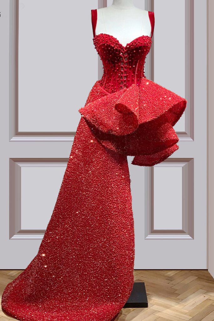 Red Sequins Long Prom Dress Special Cocktail Party Dress Turkish