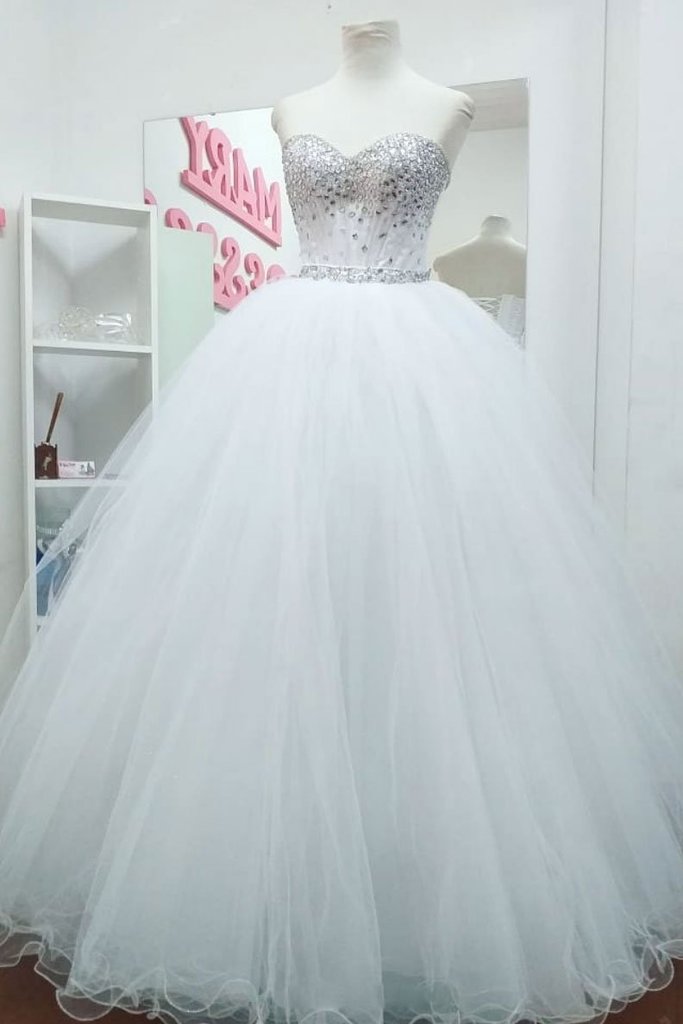 Sweetheart White Tulle Beaded Prom Dress Bridal Dress Formal Dress