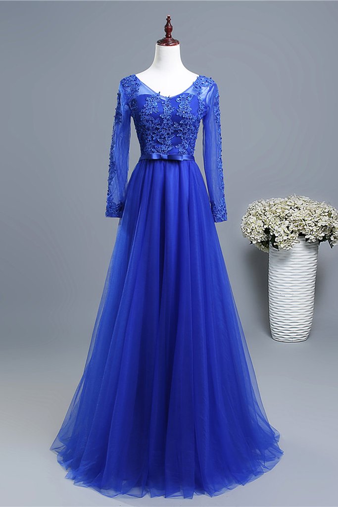 LANACAPRINA Royal Blue Floral Lace Sleeveless Long Gown Dress