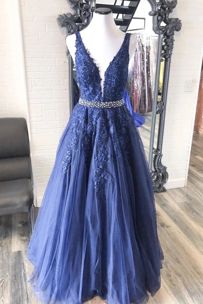 Deep Blue Lace Tulle V Neck Pearl Waistline Long Prom Dress, Formal Dress