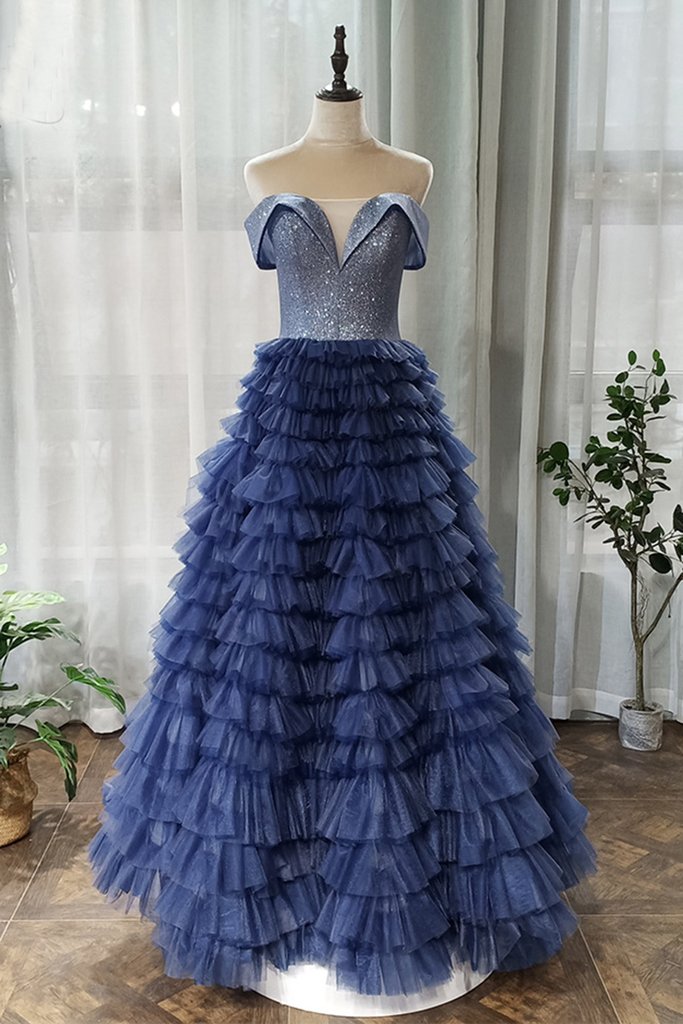 Blue Tulle A Line Customize Long Sequins Dress, Formal Prom Dress
