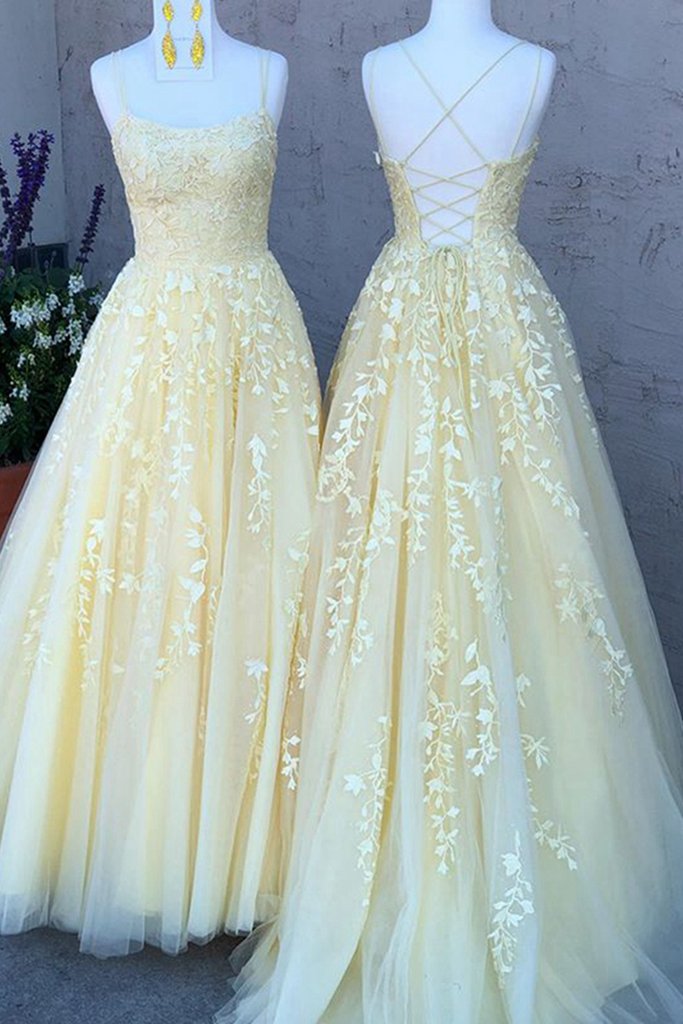 Yellow Tulle Lace Spaghetti Straps Long Backless Women Prom Dress
