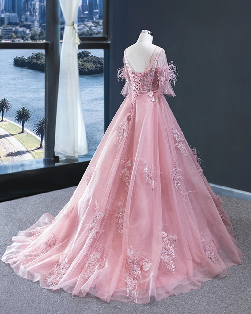 Unique Pink Tulle Lace Mid Sleeve Long A Line Formal Prom Dress