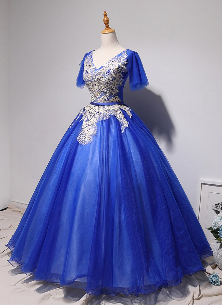 Lace and Tulle Floor Length Dress with V neck Royal Blue