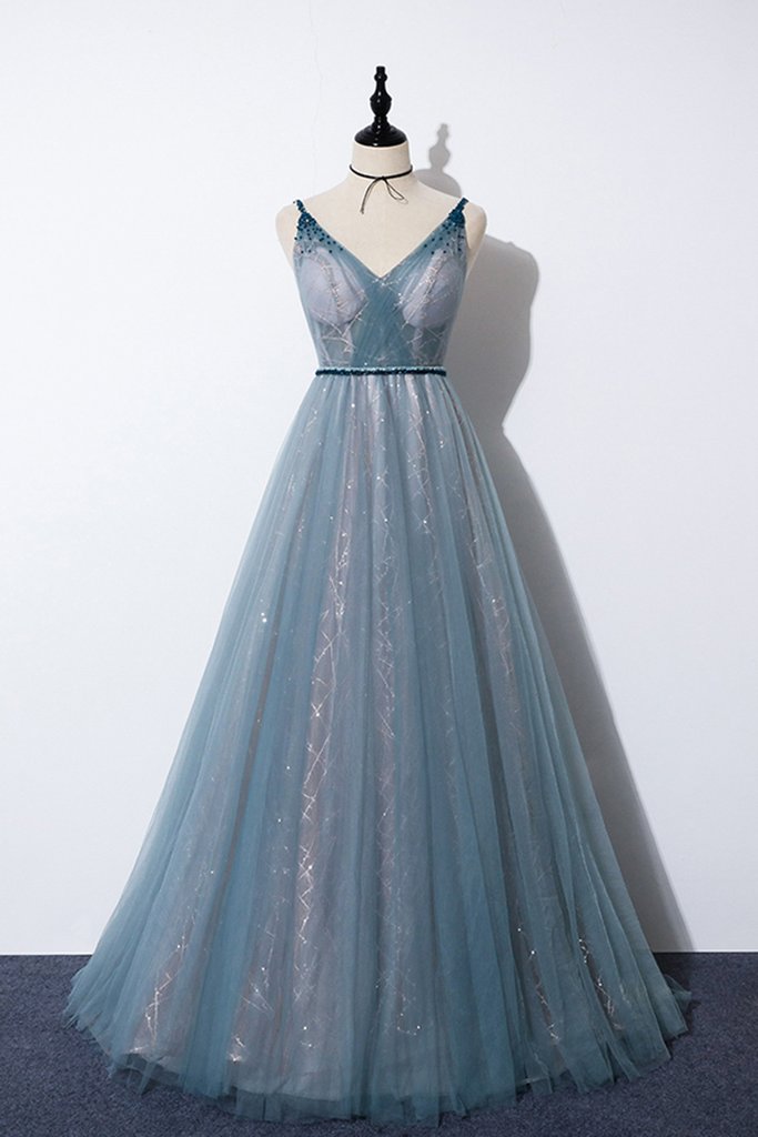 Blue Tulle V Neck Long Customize A Line Halter Prom Dress, Evening Dress