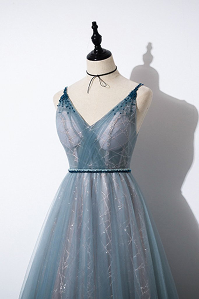 Blue Tulle High Neck Customize Formal Evening Dress, With Long Sleeves main image 0