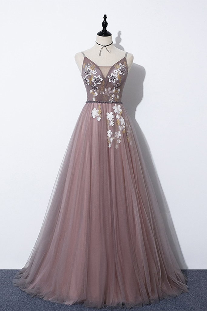 UNIQUE SPAGHETTI STRAPS APPLIQUES SLEEVELESS V-NECK FRONT SLIPT PROM DRESS