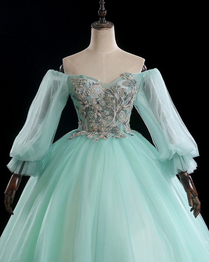 Green Puffy Sleeve A Line Sparkle Ruffles Prom Dress main image 0