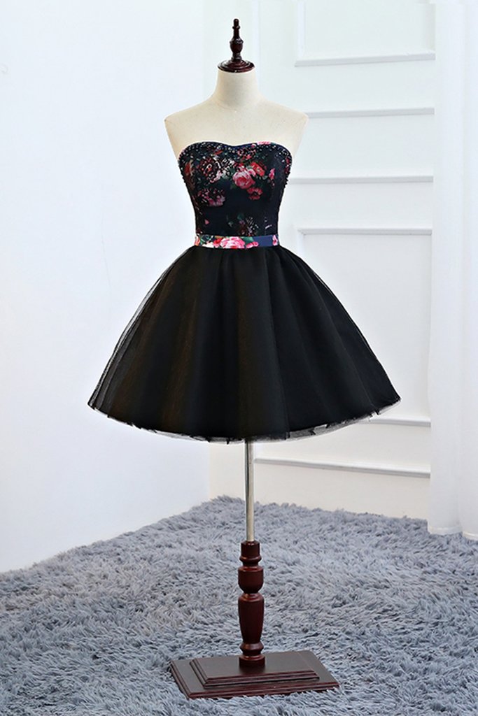 Black Lace Colorful Floral Satin Short Prom Dress, Homecoming Dress