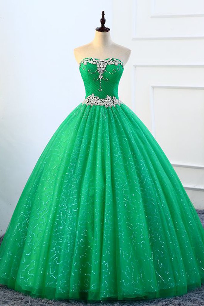 Strapless Green Sequins Tulle Long A Line Beaded Prom Dress, Formal Dress