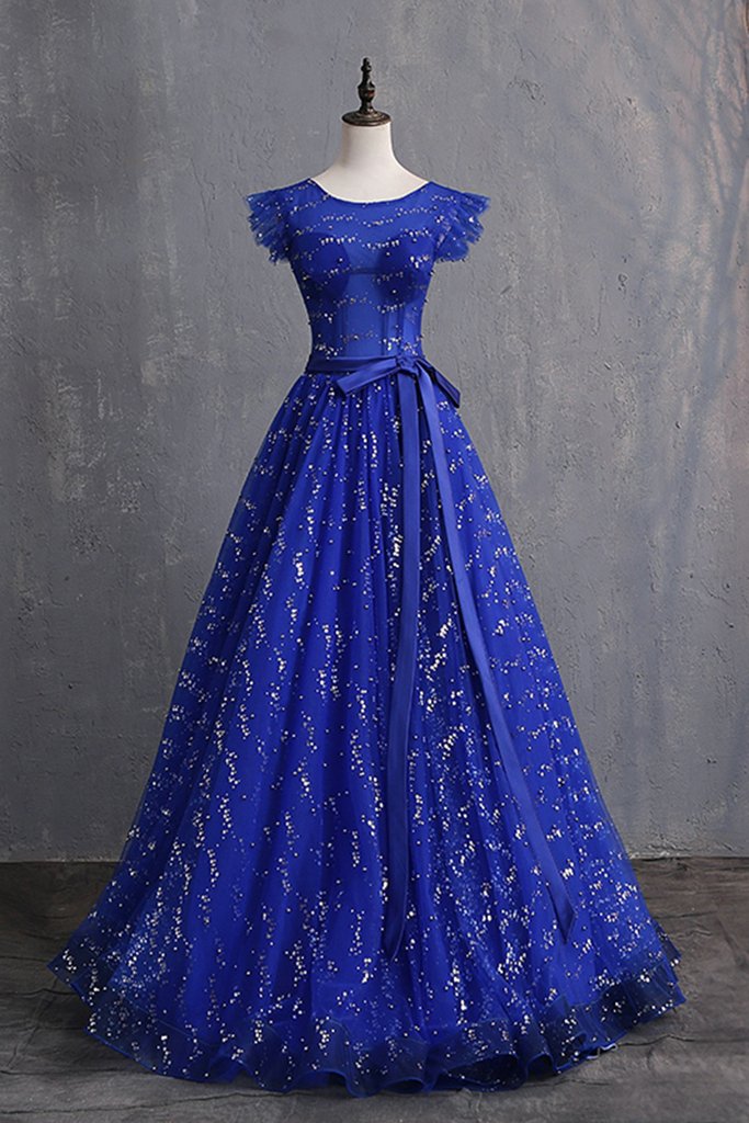 Royal Blue Sequins Tulle Cap Sleeve Long Formal Prom Dress With Sash