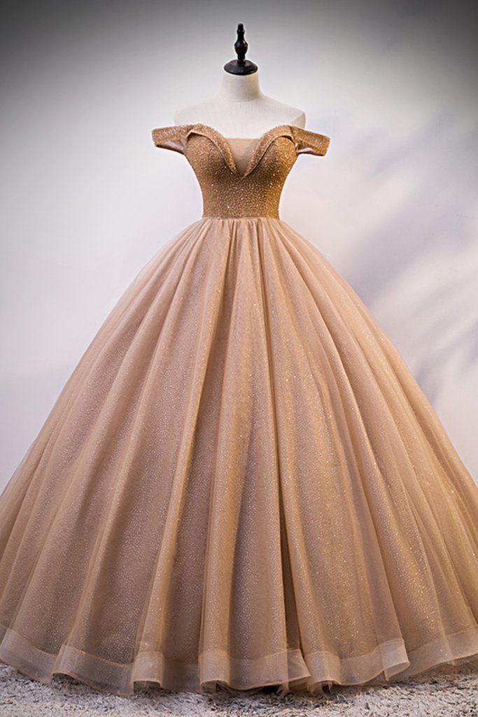 Champagne Tulle Crystal Beaded Floor Length Off Shoulder Prom Dress, Formal Dress