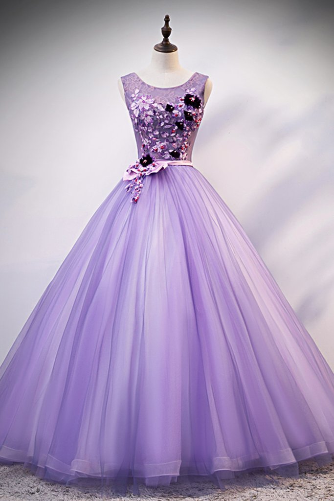 Light Purple Tulle Round Neck Long Halter Prom Dress, Formal Dress With Applique