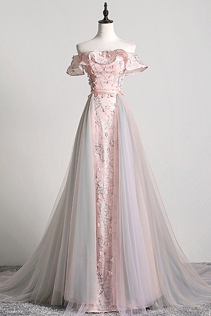 Pink Flower 3d Lace Off Shoulder Long Tulle Senior Prom Dress