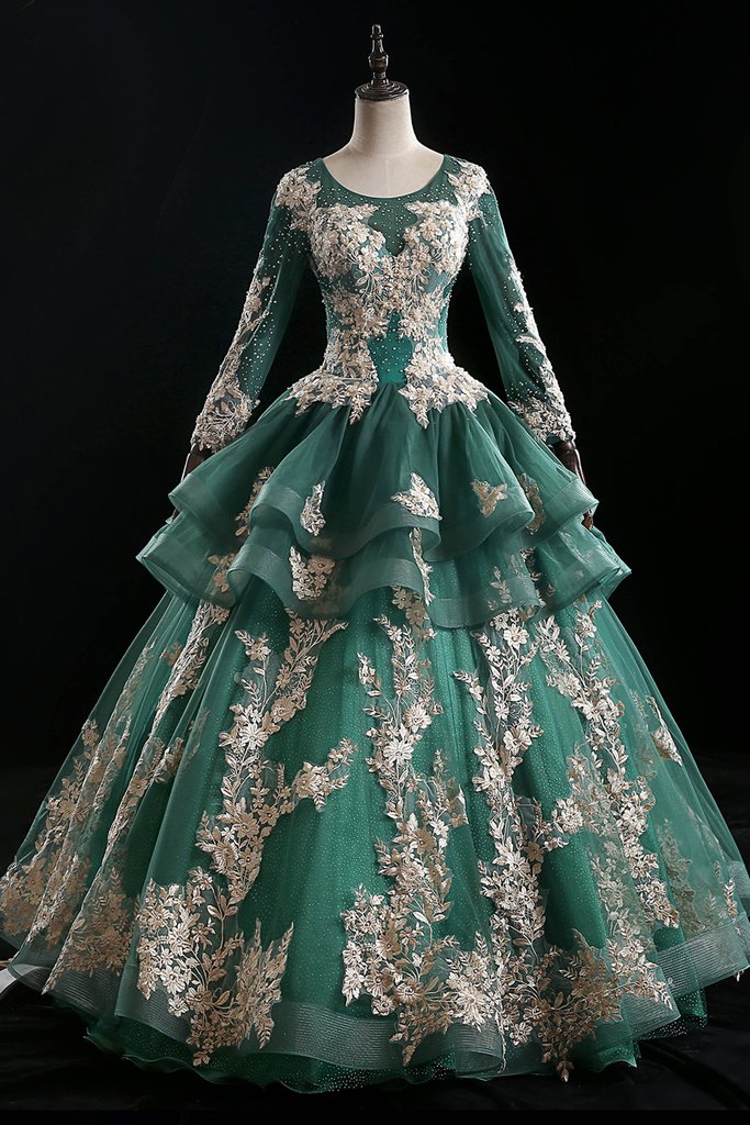 Emerald Green Enchantment Long-sleeve Ball Gown With Silver Appliqués