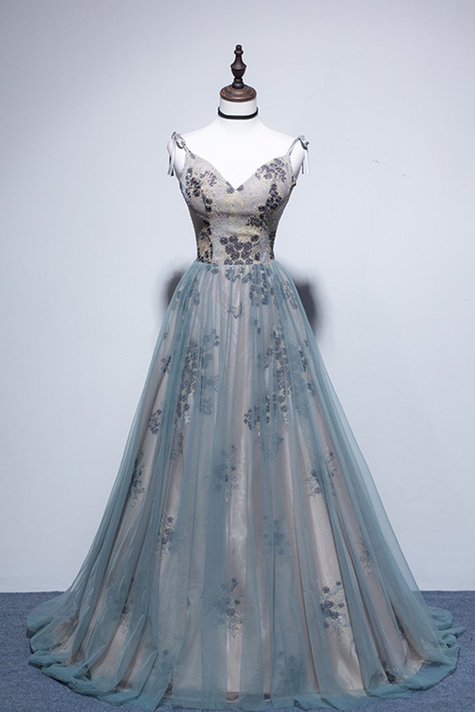 Blue Tulle Embroidery Long V Neck Open Back Prom Dress, Evening Dress