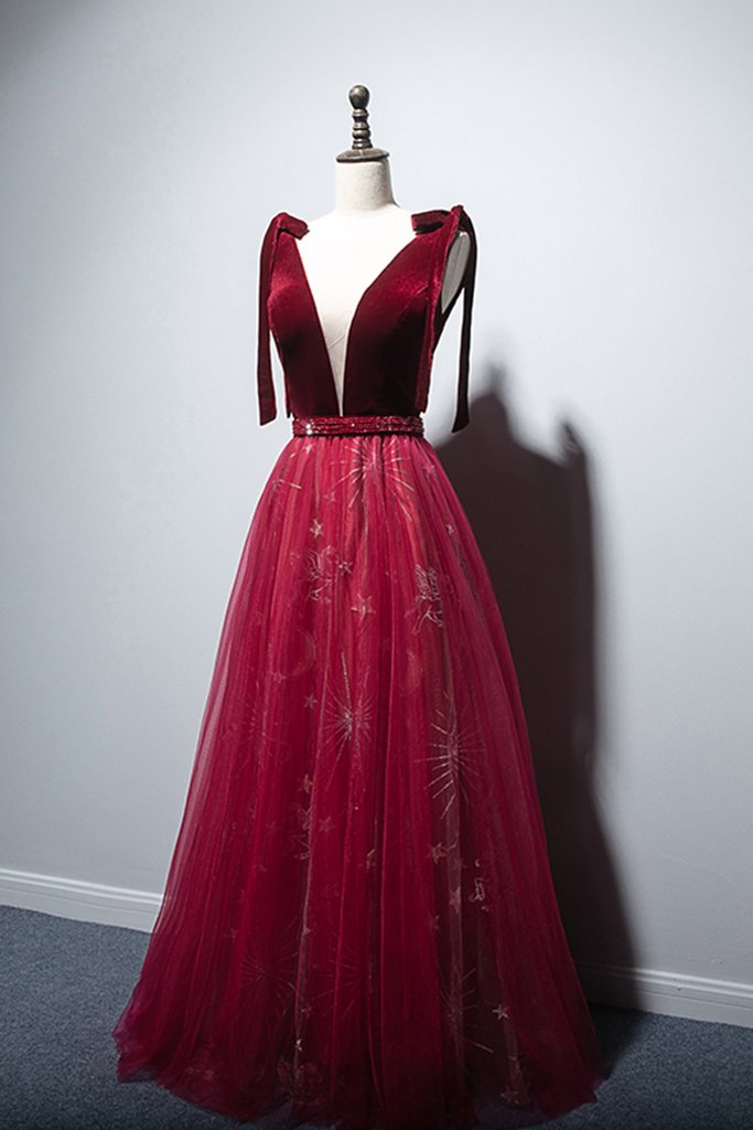 Burgundy Tulle Deep V-neck Beading Formal Prom Dress