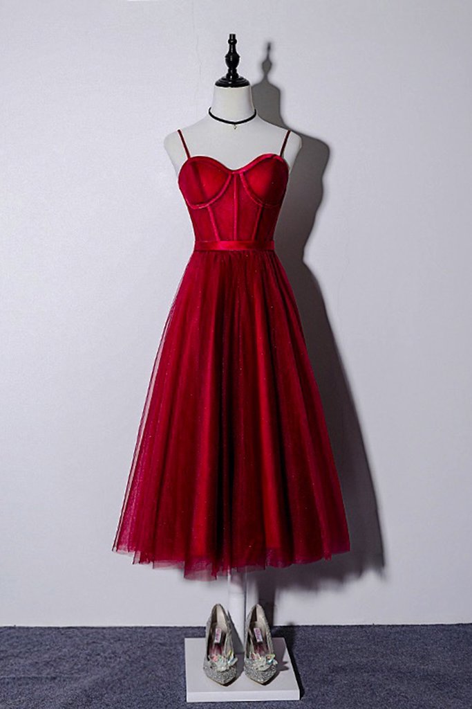 Red tulle tea length prom dress, red tulle bridesmaid dress
