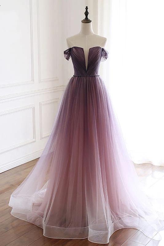 Unique Gradient Purple Tulle Long Prom Dress, Off Shoulder Evening Dress