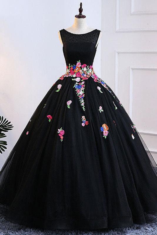 Black Tulle Colorful Lace Applique Long A Line Prom Dress, Lace Up Formal Dress