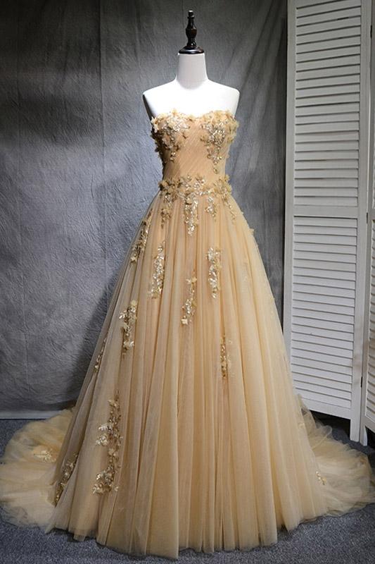 Sweetheart Champagne Tulle Strapless Long A Line Prom Dress, Formal Dress With Applique