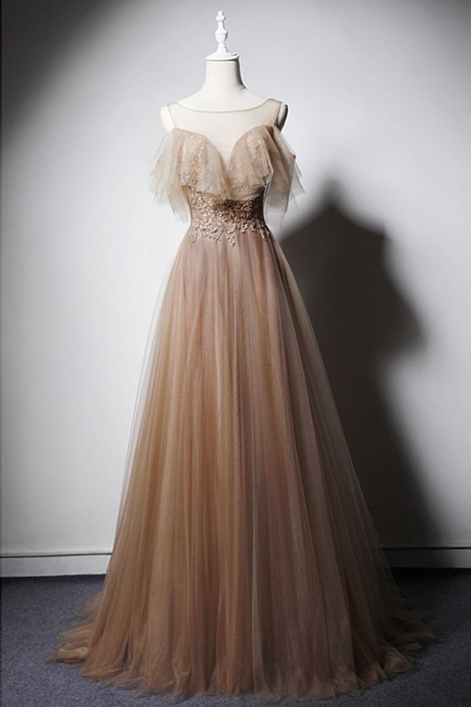 khaki prom dress Charming Khaki Beading Glitter Prom Dresses 2021 A-Line / Princess Ruffle  Off-The-Shoulder Short Sleeve Backless Floor-Length / Long Formal Dresses