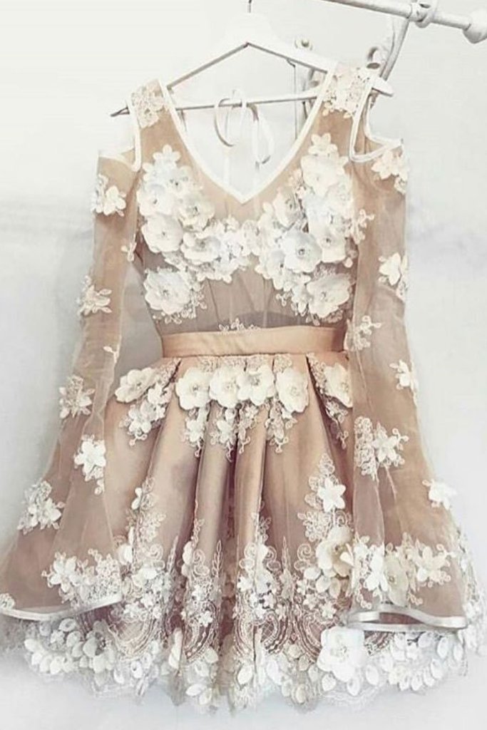 Cute Champagne Tulle Mini Prom Dress, Short Homecoming Dress With Long Sleeve