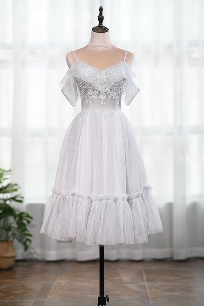 White Tulle Short V Neck Short Sleeve Prom Dress, Party Dress With Applique