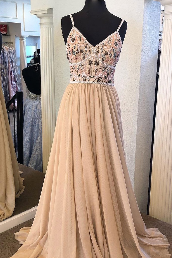 sachin and babi light blue dress Champagne Chiffon V Neck Beaded Open Back Long Prom Dress, Evening Dress on  Luulla