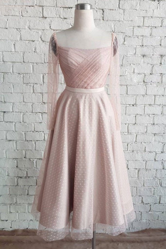 pink mid length bridesmaid dress Dusty Pink Satin A-line Off-the-Shoulder Tea Length Bridesmaid Dresses,  MBD183