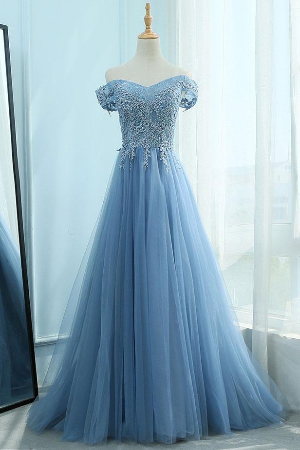 Blue Tulle Off Shoulder Long Senior Prom Dress, Evening Dress With Lace Applique