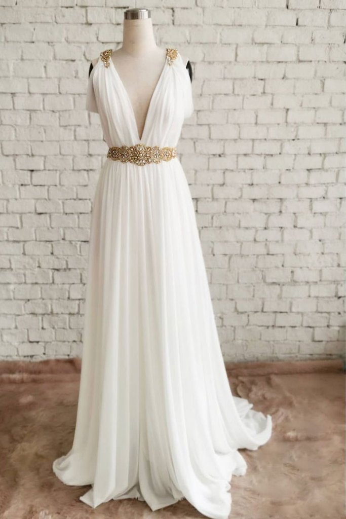 White Chiffon V Neck Sweep Train Gold Waistline Evening Dress, Prom Dress