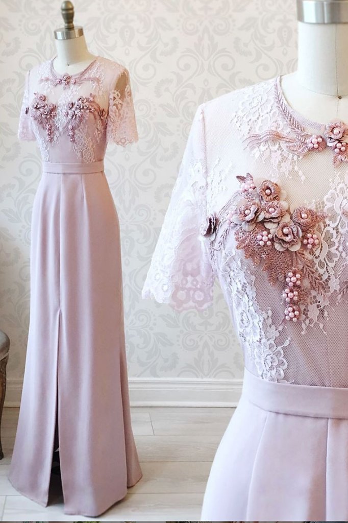 Pink Satin Lace Short Sleeve Long Women Prom Dress With 3d Lace Applique