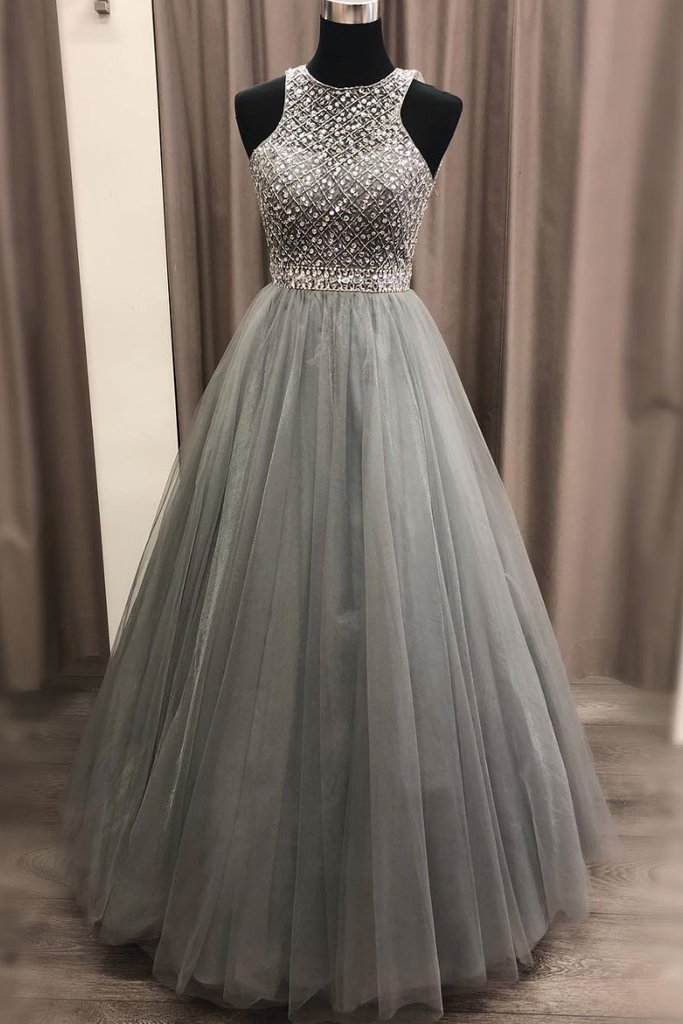 Gray Tulle Beaded And Sequins Long Halter Senior Prom Dress, Evening Dresses,Gala Dress