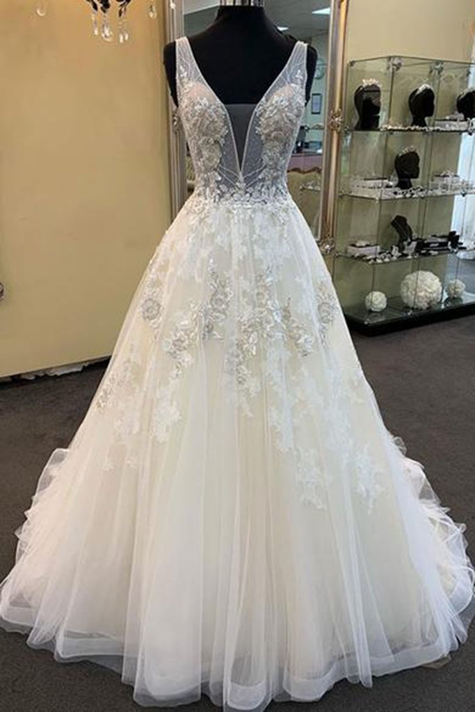 Unique White Tulle V Neck Long Beaded Prom Dress, Lace Wedding Dress