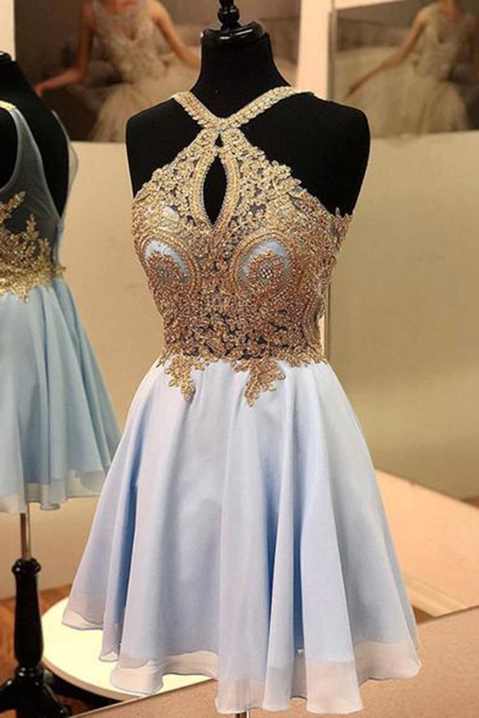 Light Blue Chiffon Lace Short Prom Dress, Open Back Homecoming Dress