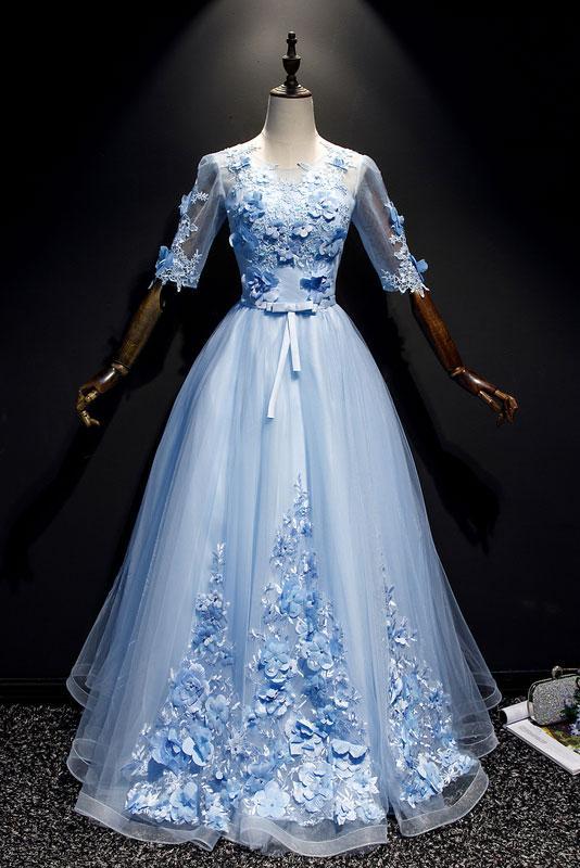 Blue Tulle Lace Applique Mid Sleeve Long A Line Sweet 16 Prom Dress, Evening Dress