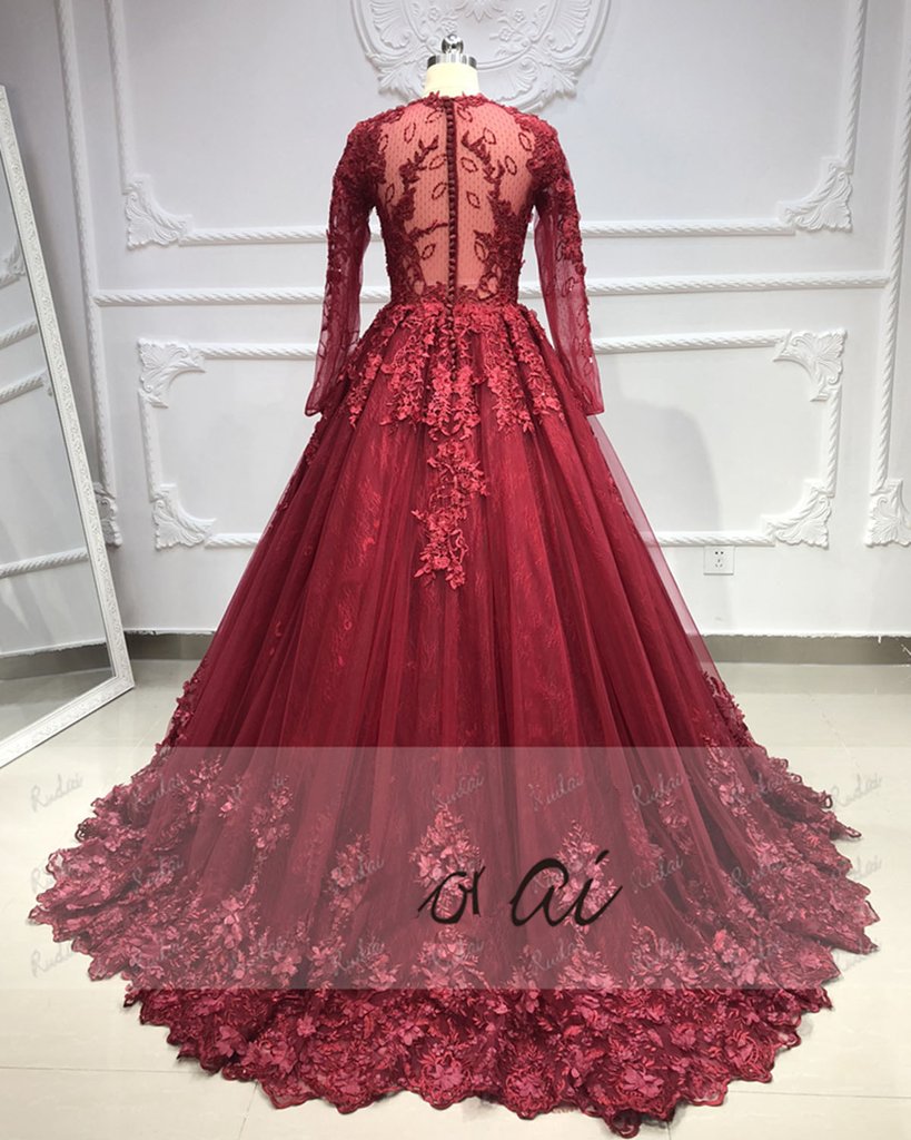 Ball Gown Tulle Burgundy Lace Top Prom Dress with Long Sleeves